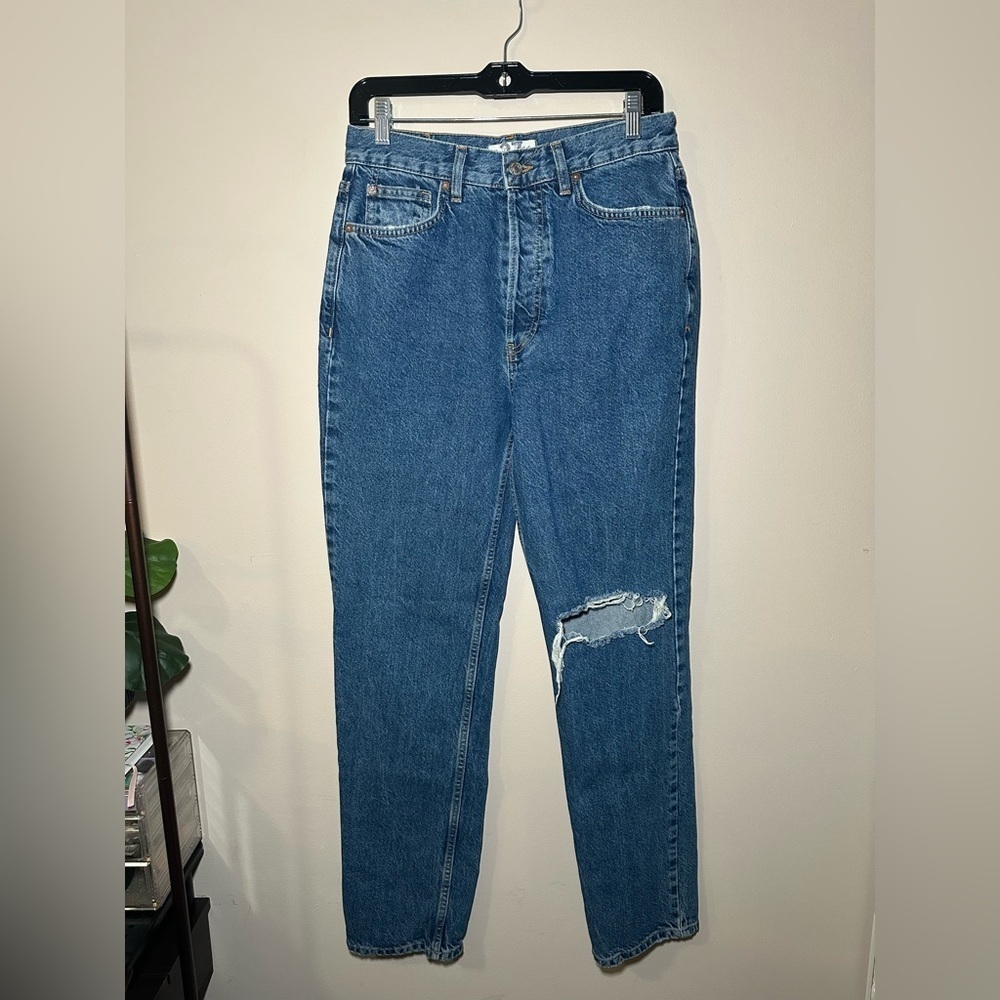 We The Free People Classic Blue Denim Distressed Casual Straight Leg Jeans Sz 27